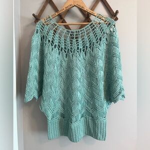 Roz & Ali batwing open weave crochet billowy beachy looks sweater mint green